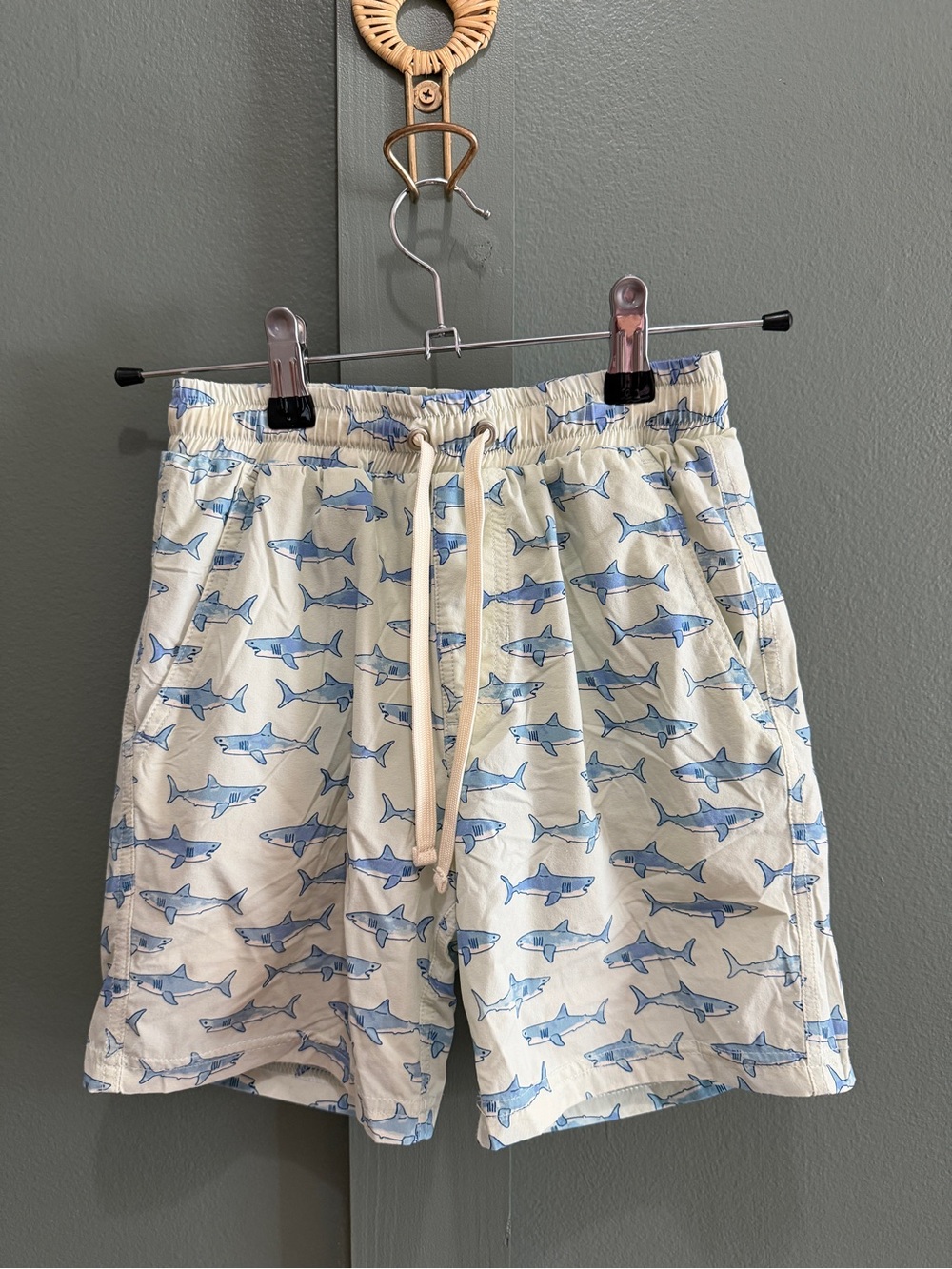 SweetHoney Blue Shark Print Swim Trunks on Cream